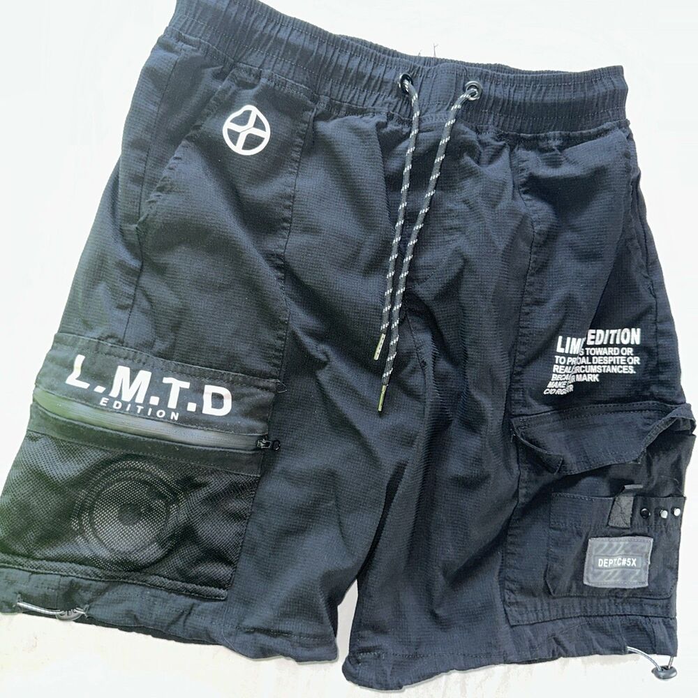RGSTR Men's Black Utility Techwear Cargo Shorts W/ Text Details Pockets Size M